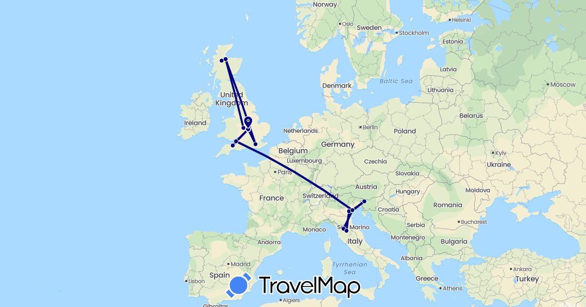 TravelMap itinerary: driving in United Kingdom, Italy, Slovenia (Europe)